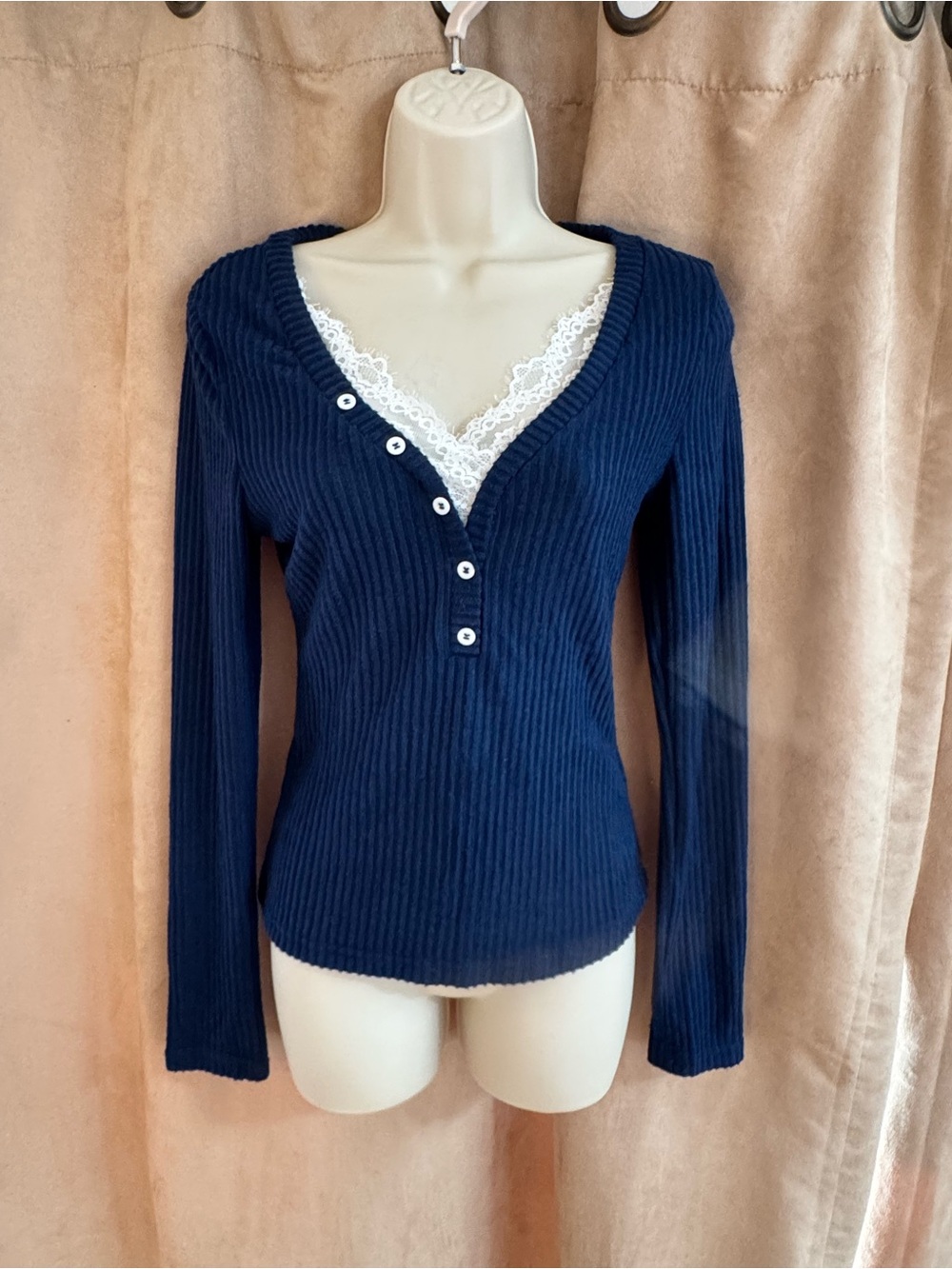 Navy Ribbed Henley Top with Lace Trim